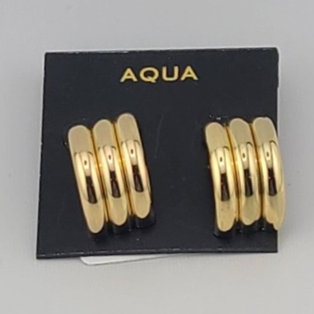 Aqua Gold Tone Triple Row Ribbed Hoop Earrings Post Back New